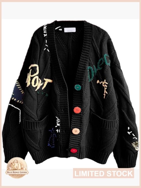 Sweaters - Cable Knit Long Sleeve Open Front Cardigan V-Neck Button Down Embroidery Wool